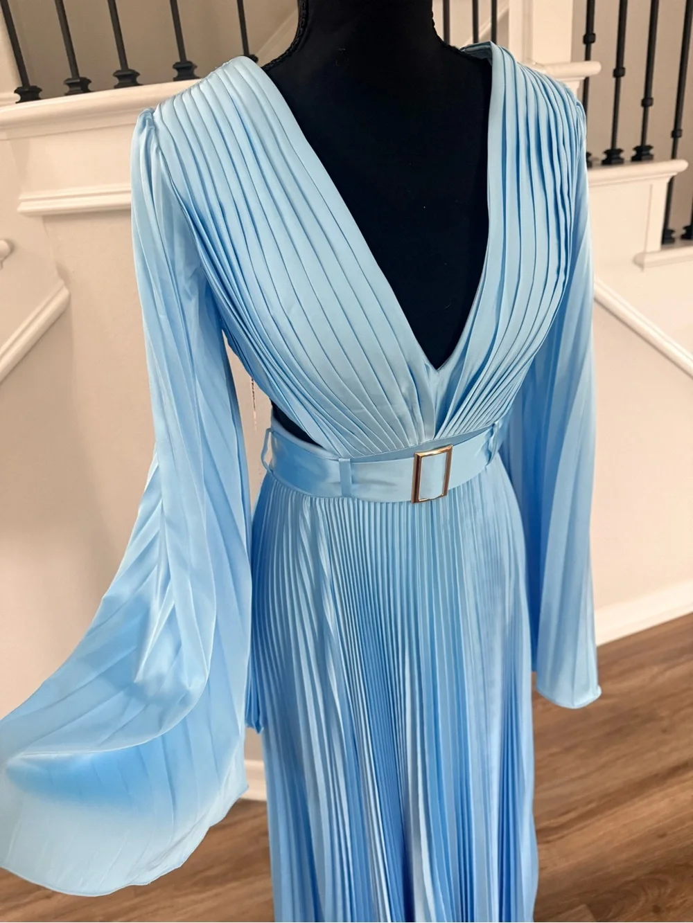 🦋$598 NWT Mac Duggal Ice Blue Pleated Satin Dress, Size 2🦋 - Picture 3 of 10